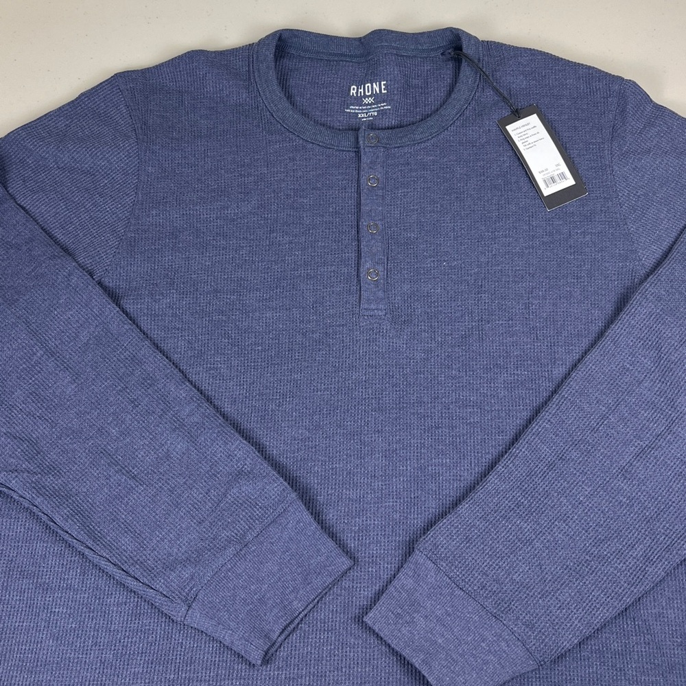 Rhone Men's Cotton Poly Waffle Navy Heather Long Sleeve Henley NWT - Picture 5 of 10
